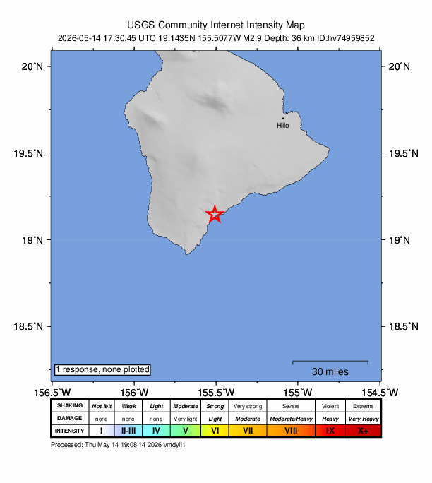 USGS DYFI community-reported intensity map for the M2.9 earthquake near 7 km SSW of Pāhala, Hawaii
