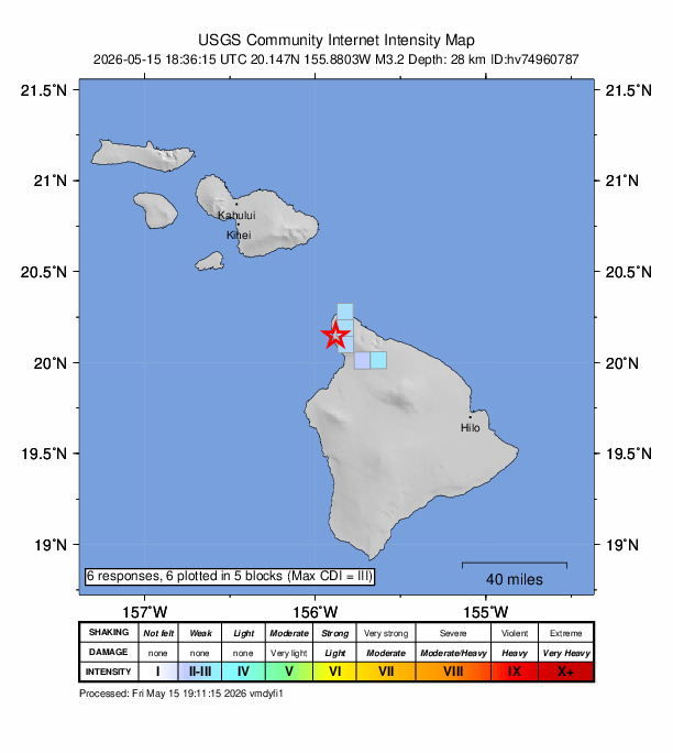 USGS DYFI community-reported intensity map for the M3.0 earthquake near 11 km SW of Hāwī, Hawaii