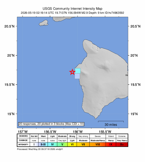 USGS DYFI community-reported intensity map for the M2.9 earthquake near 11 km W of Kalaoa, Hawaii