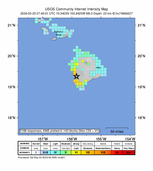 USGS DYFI community-reported intensity map for the M6.0 earthquake near 13 km S of Honaunau-Napoopoo, Hawaii