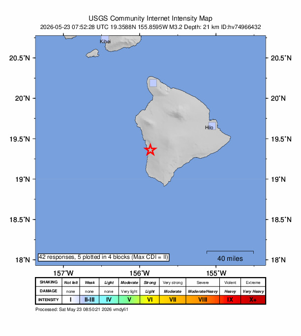 USGS DYFI community-reported intensity map for the M3.2 earthquake near 10 km S of Honaunau-Napoopoo, Hawaii
