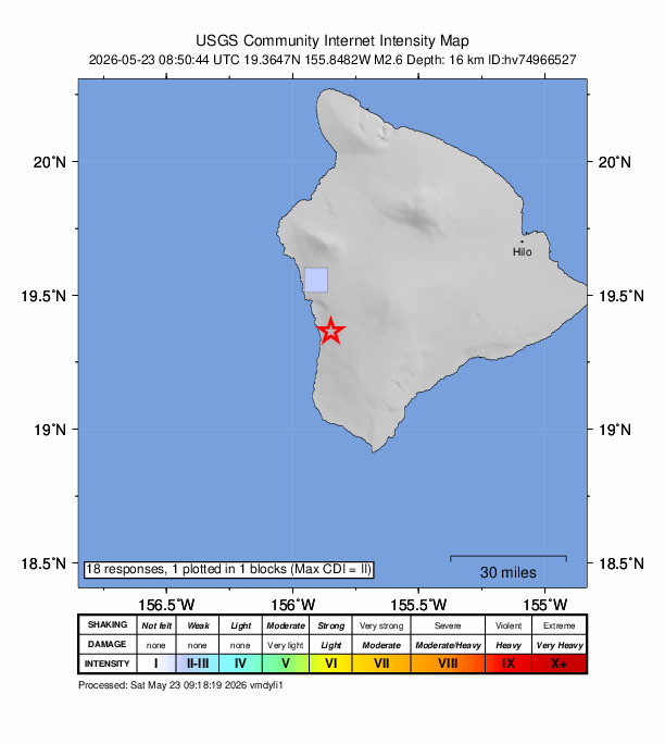 USGS DYFI community-reported intensity map for the M2.6 earthquake near 10 km S of Honaunau-Napoopoo, Hawaii