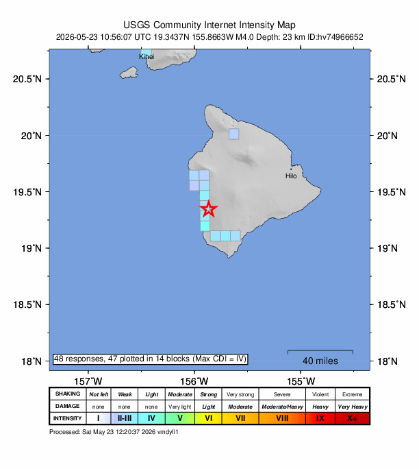 USGS DYFI community-reported intensity map for the M4.0 earthquake near 12 km S of Honaunau-Napoopoo, Hawaii