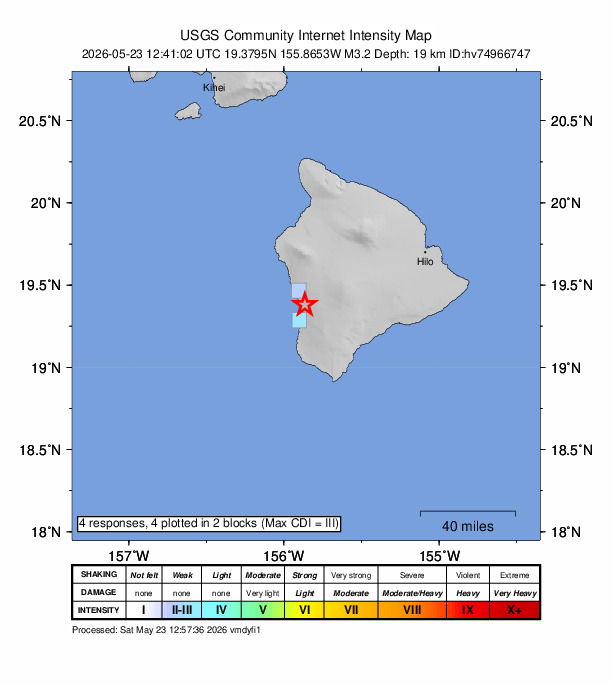 USGS DYFI community-reported intensity map for the M3.2 earthquake near 8 km S of Honaunau-Napoopoo, Hawaii