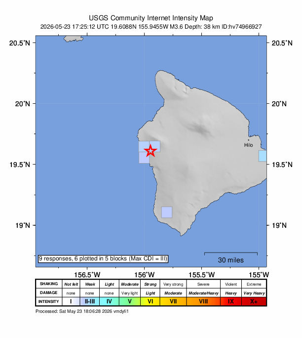 USGS DYFI community-reported intensity map for the M3.6 earthquake near 1 km SSE of Hōlualoa, Hawaii
