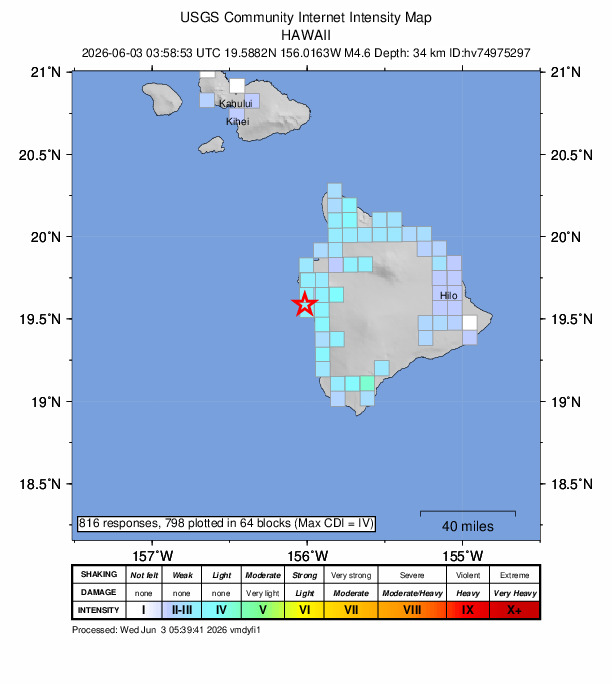 USGS DYFI community-reported intensity map for the M4.6 earthquake near 6 km WNW of Kahaluu-Keauhou, Hawaii