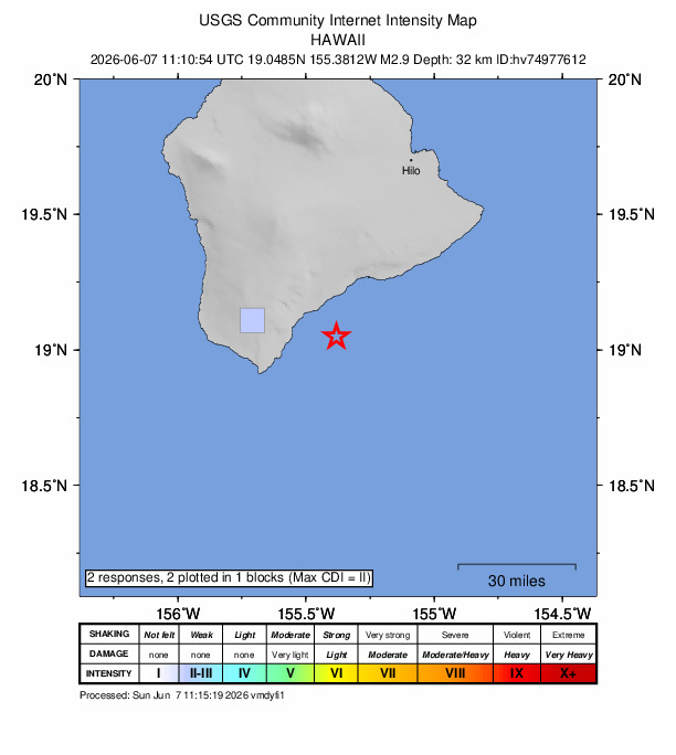 USGS DYFI community-reported intensity map for the M2.9 earthquake near 19 km SSE of Pāhala, Hawaii