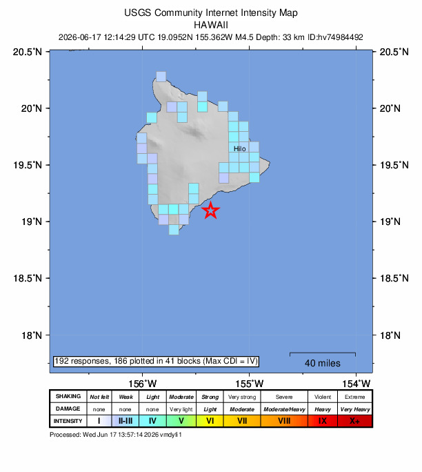 USGS DYFI community-reported intensity map for the M4.5 earthquake near 17 km SE of Pāhala, Hawaii