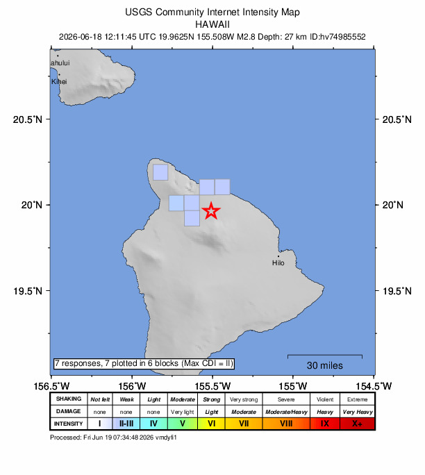 USGS DYFI community-reported intensity map for the M2.8 earthquake near 13 km SSW of Honoka‘a, Hawaii