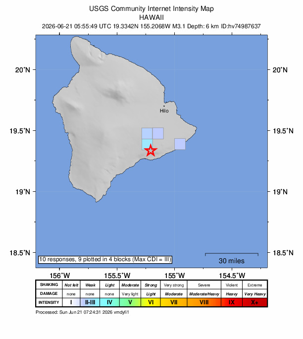 USGS DYFI community-reported intensity map for the M3.1 earthquake near 12 km SSE of Volcano, Hawaii