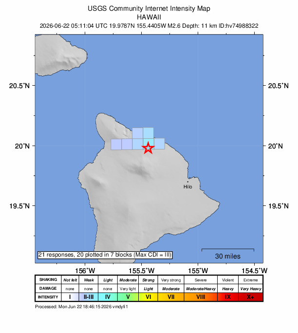 USGS DYFI community-reported intensity map for the M2.6 earthquake near 10 km SW of Pa‘auilo, Hawaii