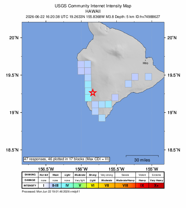 USGS DYFI community-reported intensity map for the M3.8 earthquake near 21 km S of Honaunau-Napoopoo, Hawaii