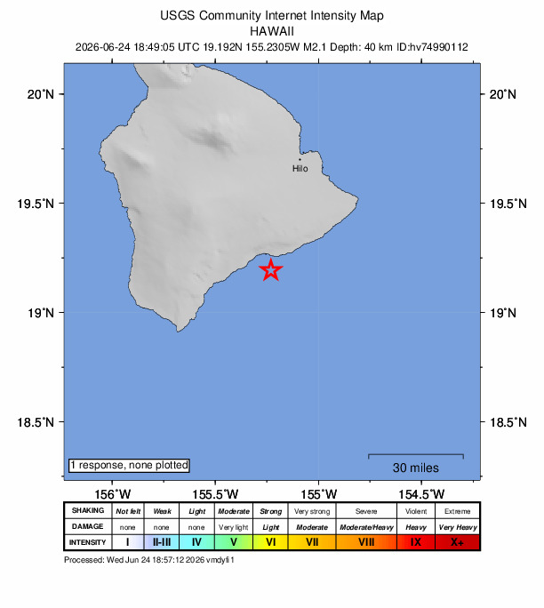 USGS DYFI community-reported intensity map for the M2.1 earthquake near 26 km E of Pāhala, Hawaii