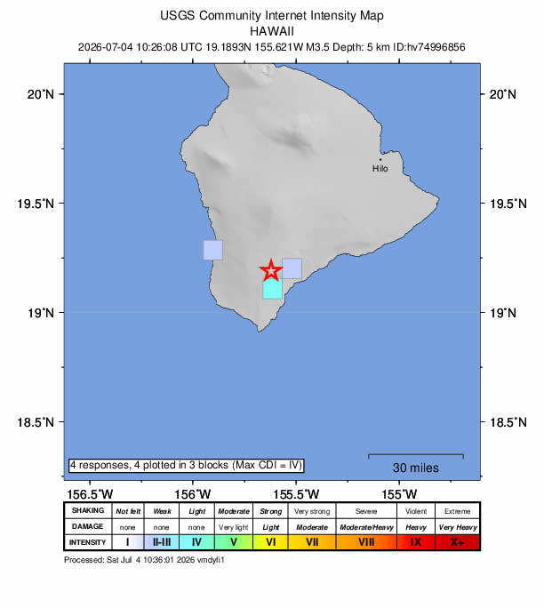 USGS DYFI community-reported intensity map for the M3.5 earthquake near 13 km N of Wai‘ōhinu, Hawaii