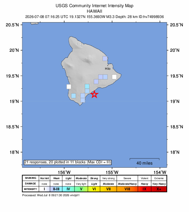 USGS DYFI community-reported intensity map for the M3.3 earthquake near 13 km SE of Pāhala, Hawaii