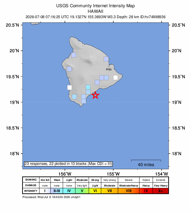 USGS DYFI community-reported intensity map for the M3.3 earthquake near 13 km SE of Pāhala, Hawaii