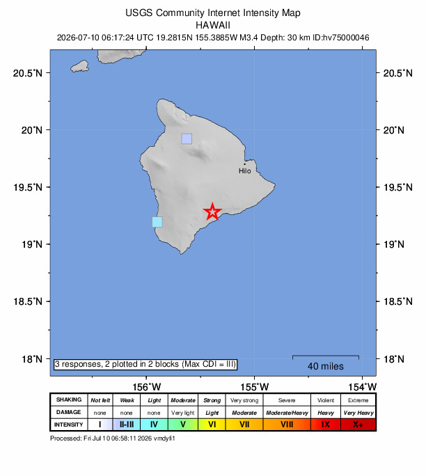 USGS DYFI community-reported intensity map for the M3.4 earthquake near 12 km NE of Pāhala, Hawaii