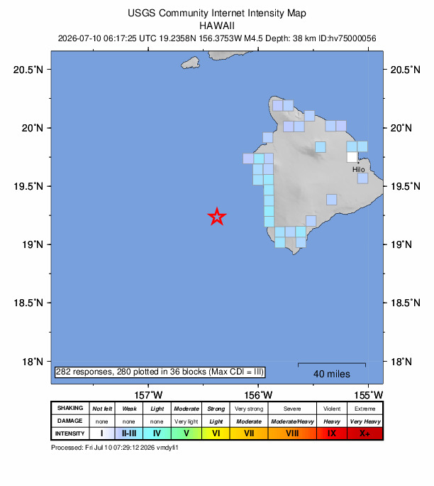 USGS DYFI community-reported intensity map for the M4.5 earthquake near 55 km WSW of Captain Cook, Hawaii