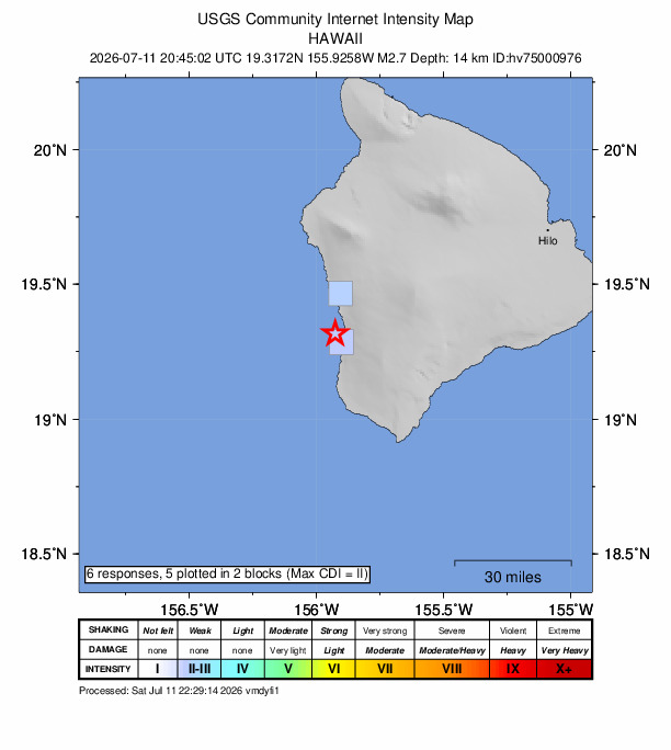 USGS DYFI community-reported intensity map for the M2.7 earthquake near 16 km SSW of Honaunau-Napoopoo, Hawaii