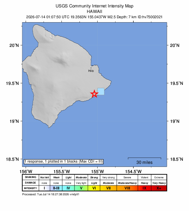 USGS DYFI community-reported intensity map for the M2.5 earthquake near 15 km SE of Fern Forest, Hawaii
