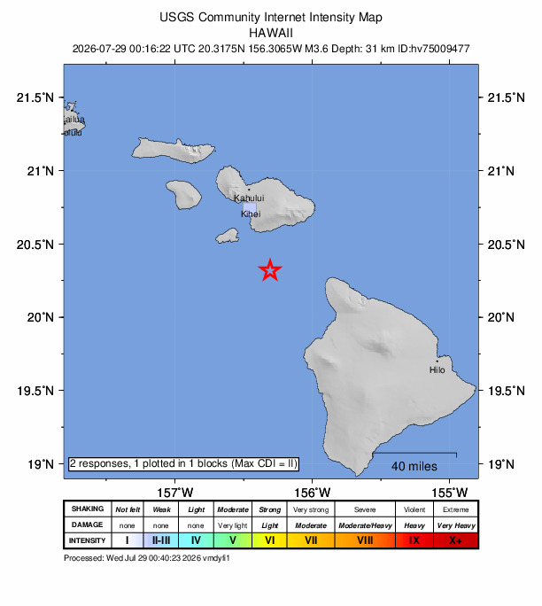 USGS DYFI community-reported intensity map for the M3.6 earthquake near 39 km SSE of Mākena, Hawaii