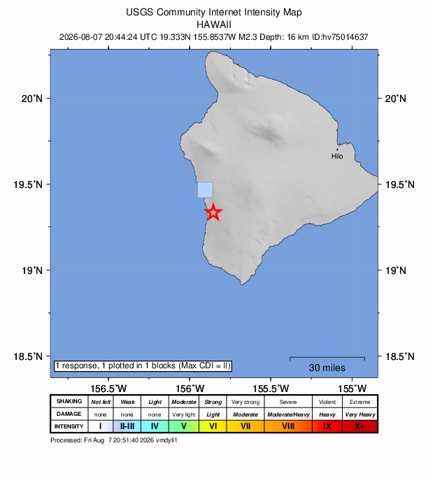 USGS DYFI community-reported intensity map for the M2.3 earthquake near 13 km S of Honaunau-Napoopoo, Hawaii