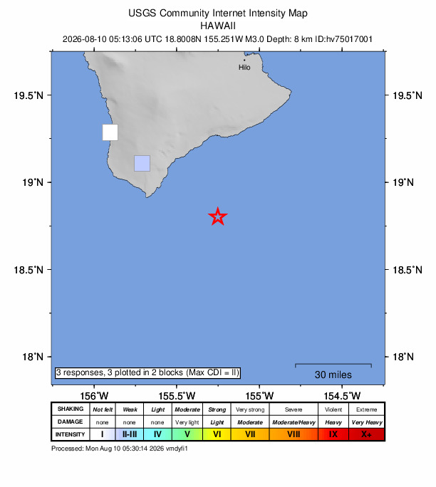 USGS DYFI community-reported intensity map for the M3.0 earthquake near 45 km SE of Naalehu, Hawaii