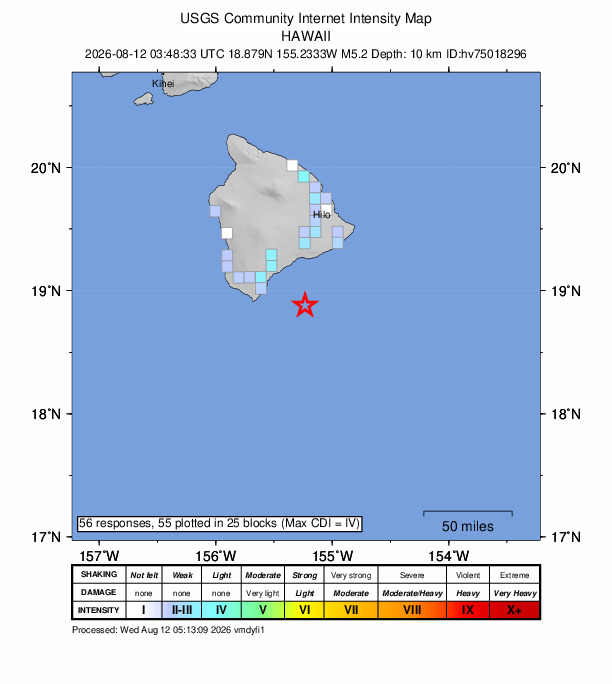 USGS DYFI community-reported intensity map for the M5.2 earthquake near 42 km ESE of Naalehu, Hawaii