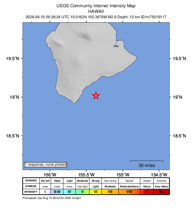 USGS DYFI community-reported intensity map for the M2.9 earthquake near 23 km ESE of Naalehu, Hawaii