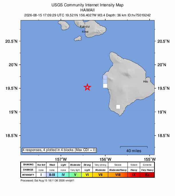 USGS DYFI community-reported intensity map for the M3.4 earthquake near 44 km WSW of Kailua-Kona, Hawaii