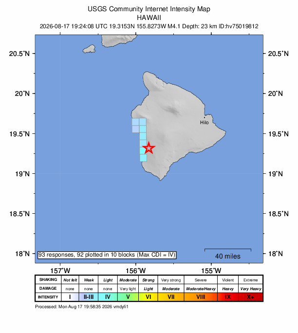 USGS DYFI community-reported intensity map for the M4.1 earthquake near 16 km SSE of Honaunau-Napoopoo, Hawaii