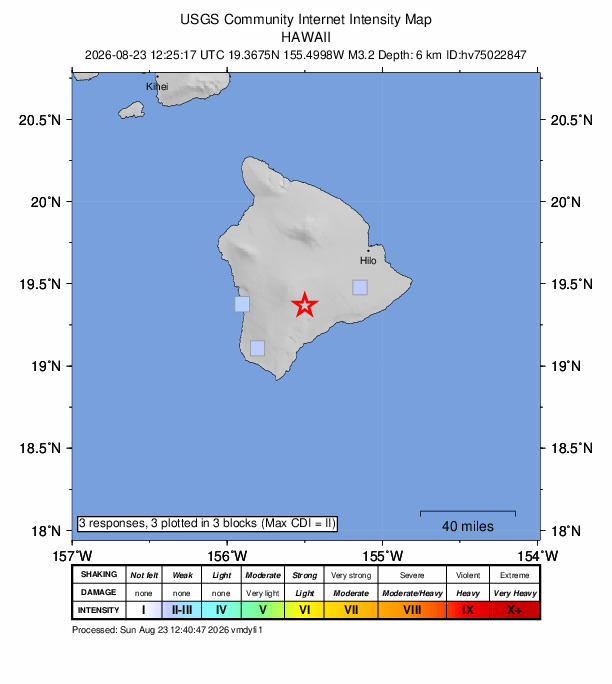 USGS DYFI community-reported intensity map for the M3.2 earthquake near 18 km N of Pāhala, Hawaii