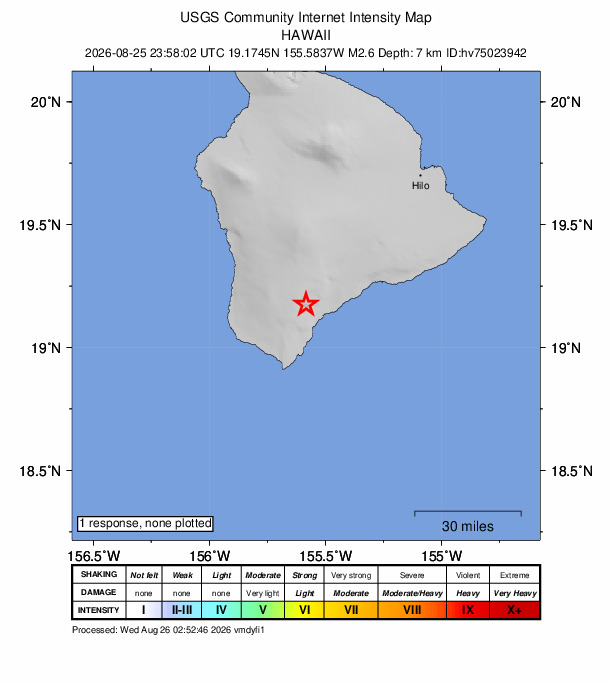 USGS DYFI community-reported intensity map for the M2.6 earthquake near 11 km WSW of Pāhala, Hawaii