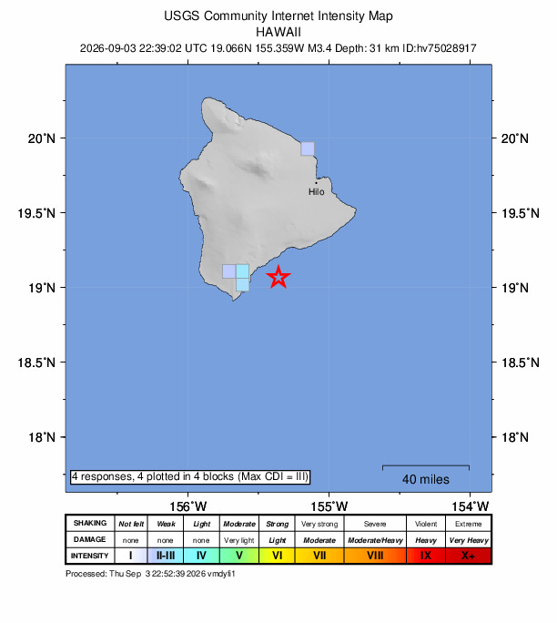 USGS DYFI community-reported intensity map for the M3.4 earthquake near 19 km SE of Pāhala, Hawaii
