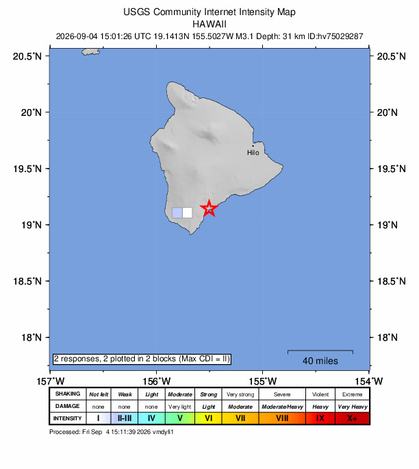 USGS DYFI community-reported intensity map for the M3.1 earthquake near 7 km SSW of Pāhala, Hawaii
