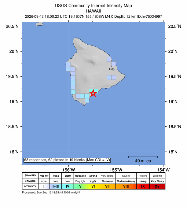 USGS DYFI community-reported intensity map for the M4.0 earthquake near 4 km S of Pāhala, Hawaii