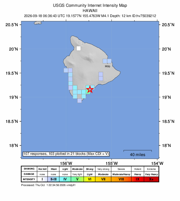 USGS DYFI community-reported intensity map for the M4.1 earthquake near 5 km S of Pāhala, Hawaii