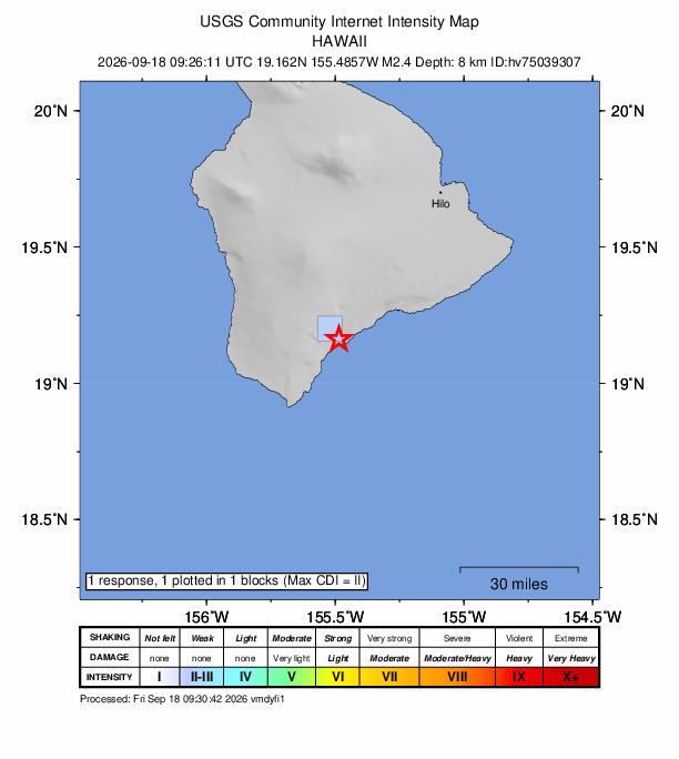 USGS DYFI community-reported intensity map for the M2.4 earthquake near 4 km S of Pāhala, Hawaii