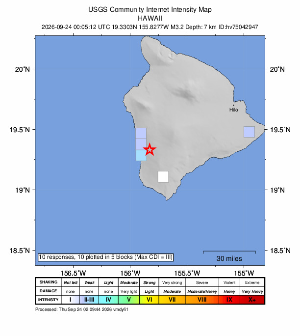 USGS DYFI community-reported intensity map for the M3.2 earthquake near Island of Hawaii, Hawaii