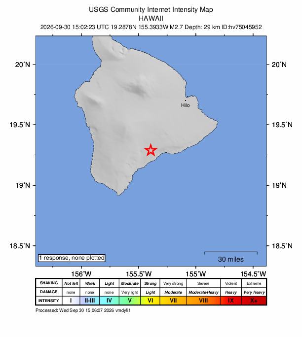 USGS DYFI community-reported intensity map for the M2.7 earthquake near 12 km NE of Pāhala, Hawaii