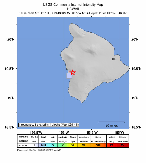 USGS DYFI community-reported intensity map for the M2.4 earthquake near 3 km SE of Honaunau-Napoopoo, Hawaii