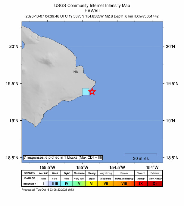 USGS DYFI community-reported intensity map for the M2.8 earthquake near 11 km SE of Leilani Estates, Hawaii