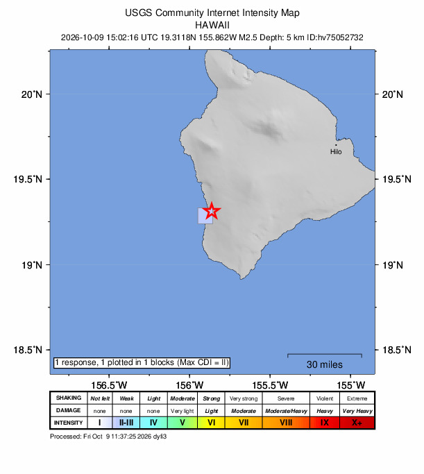 USGS DYFI community-reported intensity map for the M2.5 earthquake near 15 km S of Honaunau-Napoopoo, Hawaii