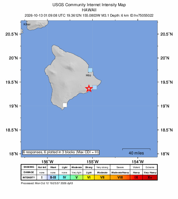 USGS DYFI community-reported intensity map for the M3.1 earthquake near 12 km SSE of Fern Forest, Hawaii