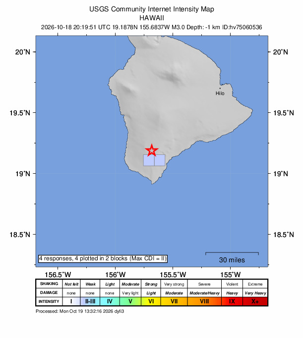 USGS DYFI community-reported intensity map for the M3.0 earthquake near 14 km NNW of Wai‘ōhinu, Hawaii