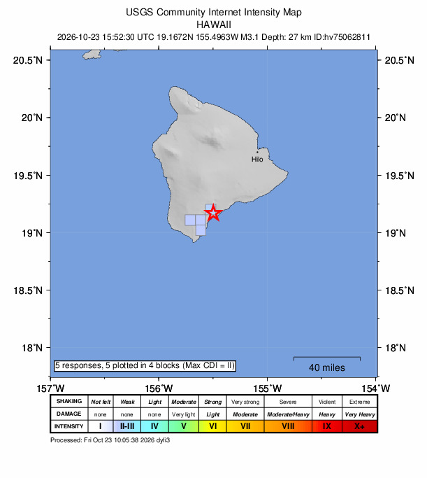 USGS DYFI community-reported intensity map for the M3.1 earthquake near 4 km SSW of Pāhala, Hawaii