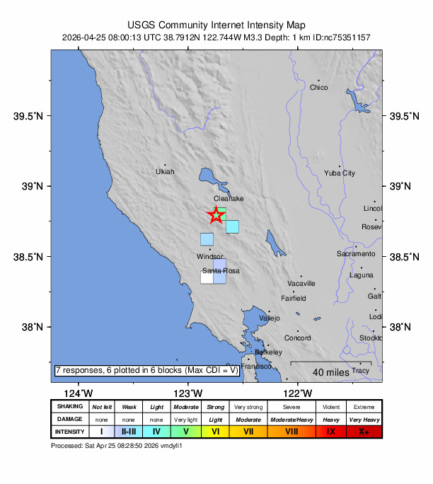 USGS DYFI community-reported intensity map for the M3.3 earthquake near 2 km NE of The Geysers, CA