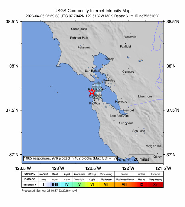 USGS DYFI community-reported intensity map for the M2.9 earthquake near 3 km SSW of San Francisco Zoo, CA