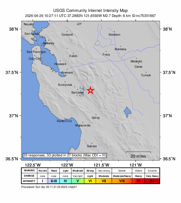 USGS DYFI community-reported intensity map for the M2.7 earthquake near 16 km E of Seven Trees, CA