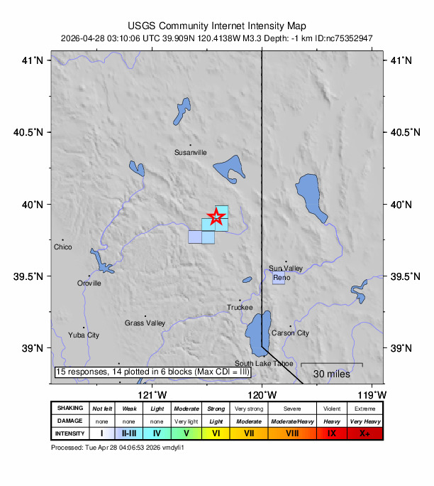 USGS DYFI community-reported intensity map for the M3.3 earthquake near 7 km NE of Lake Davis, CA